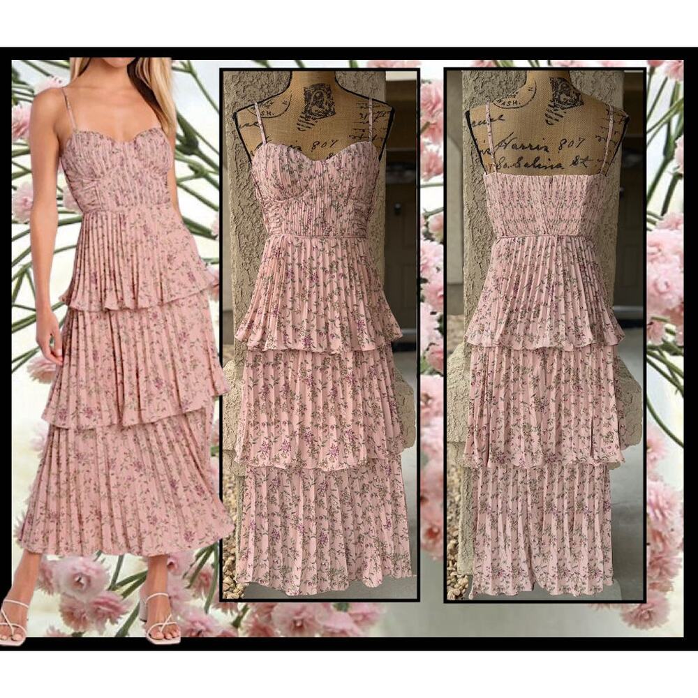 Lulus Cascading Crush Pink Floral Print Tiered Bustier Midi Dress Size: XS